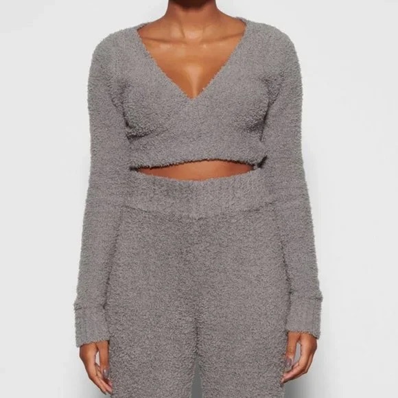 Skins Cozy Knit Gray Cropped Wrap Top Xxs / Xs